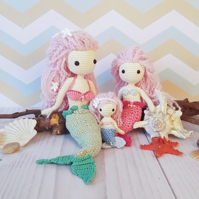 Syrenka, syrena, Rodzina syrenek na szydełku: mama syrenka oraz córeczki syrenki - lale DIY